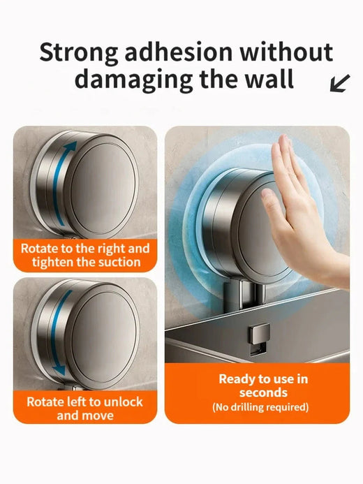 Suction Cup Shower Shelf, Drill-Free Aluminum Shower Caddy with Drain Tray & Hooks