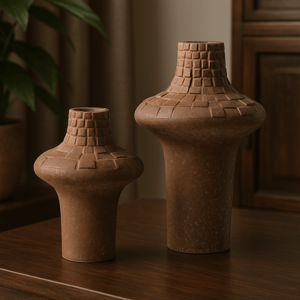 Rustic Ceramic Vase, Handcrafted Plaid Flower Vase for Home Decor