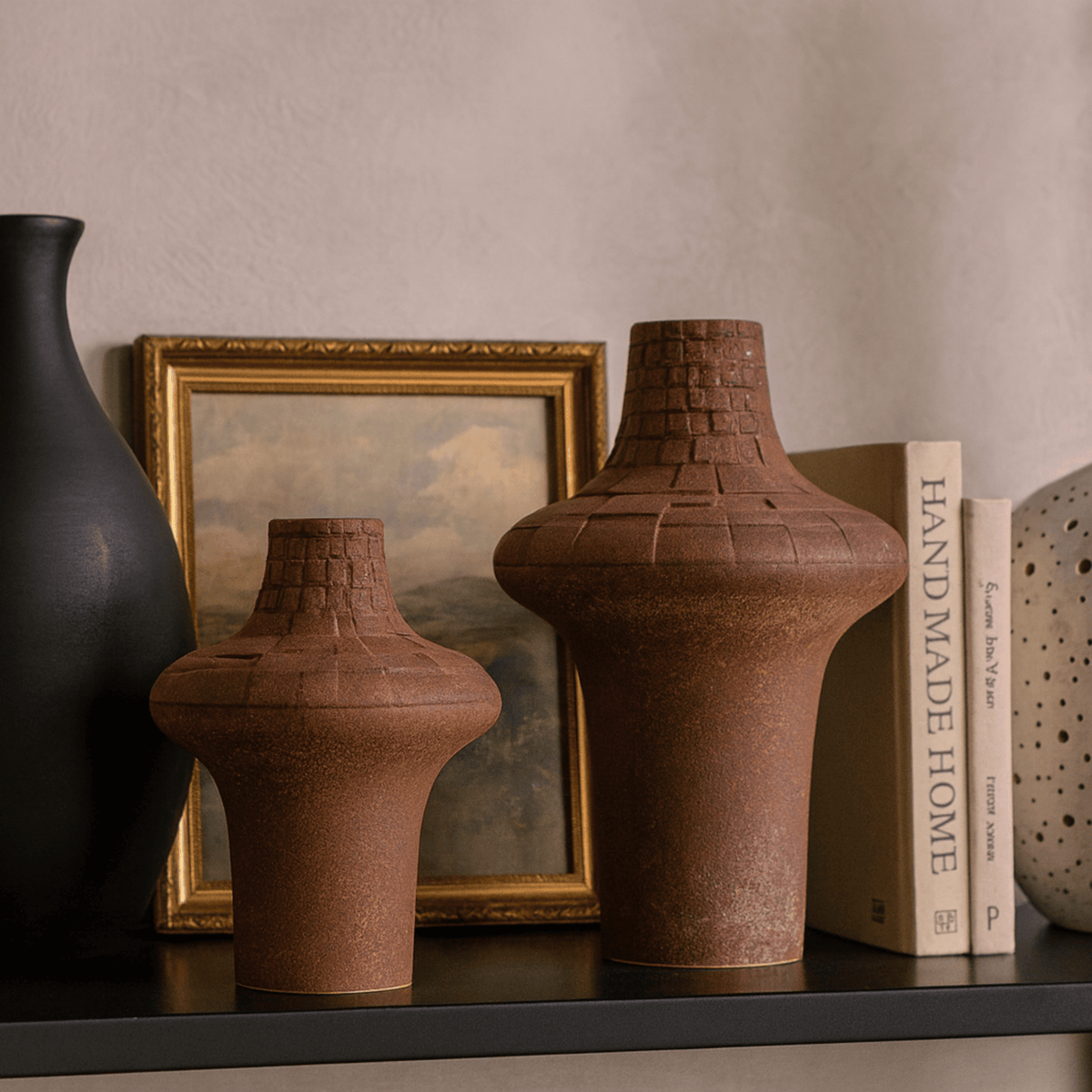 Rustic Ceramic Vase, Handcrafted Plaid Flower Vase for Home Decor
