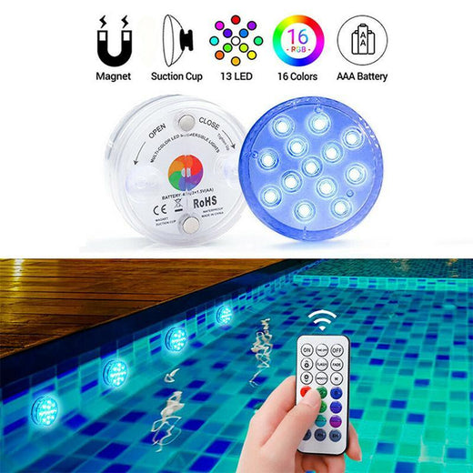Submersible LED Lights, Waterproof Underwater Pool Lights with Remote & Suction Cups for Ponds & Parties