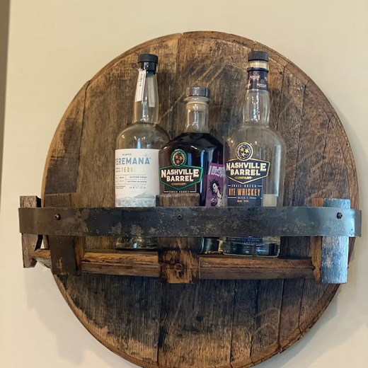 Whiskey Barrel Wall Shelf, Round Rustic Solid Wood Wall Mounted Display for Bottles & Home Bar