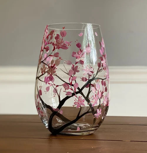 Hand Painted Wine Glasses, Four Seasons Tree Design in Stemmed & Stemless Styles