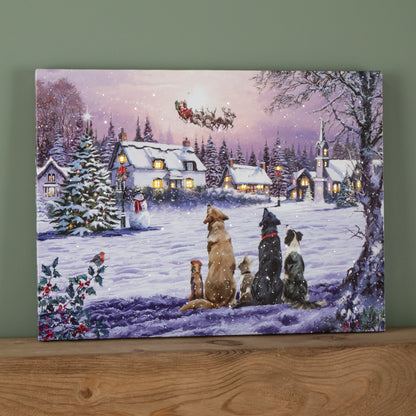 Christmas Canvas Wall Art, Light Up Fiber Optic Dogs Watching Santa Picture