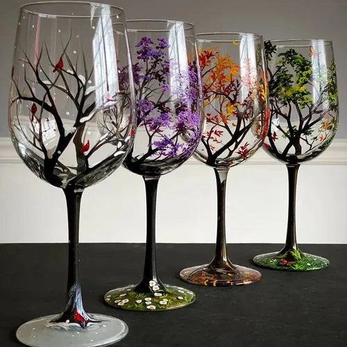 Hand Painted Wine Glasses, Four Seasons Tree Design in Stemmed & Stemless Styles