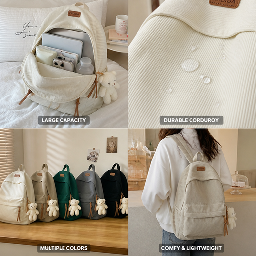 Corduroy Backpack, Large Capacity Minimalist Daypack in Soft Corduroy for Daily Use & Travel