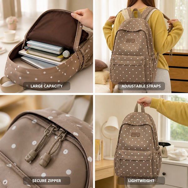 Polka Dot Backpack, Lightweight Large Capacity Travel & Commuter Backpack with Adjustable Straps