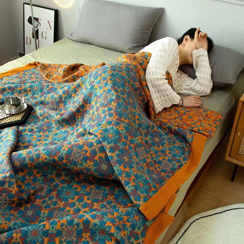 Blue Patterned Six-Layer Cotton Quilt Blanket