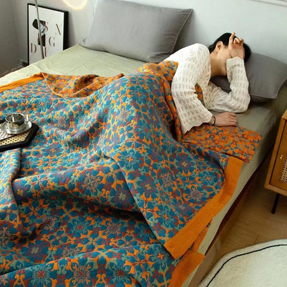 Blue Patterned Six-Layer Cotton Quilt Blanket