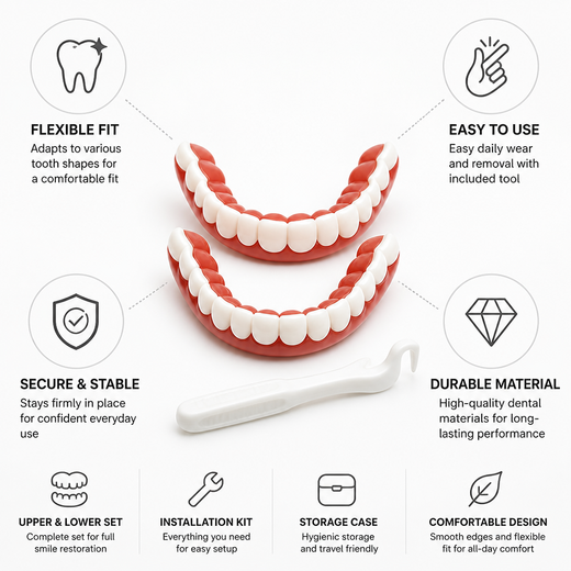 Flexible Dentures, Upper & Lower Cosmetic Denture Set with Installation Kit & Removal Tool