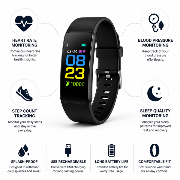Smartwatch for Seniors, Simple LED Watch with Heart Rate, Blood Pressure, Step & Sleep Tracking