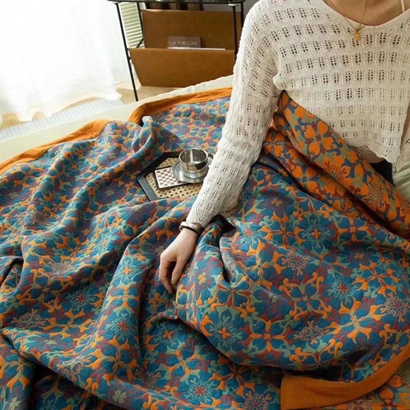 Blue Patterned Six-Layer Cotton Quilt Blanket