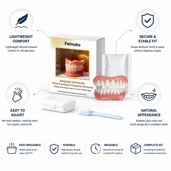 Moldable Denture Kit, Heat-Moldable Silicone Upper & Lower Dentures for a Secure Cosmetic Fit