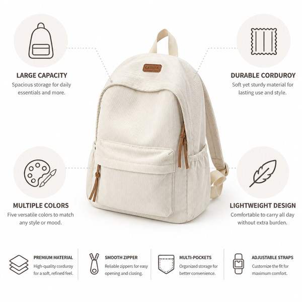 Corduroy Backpack, Large Capacity Minimalist Daypack in Soft Corduroy for Daily Use & Travel