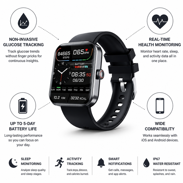 Smart Watch with Glucose Trend Tracking, Heart Rate & Sleep Monitor, 5 Day Battery for iPhone & Android