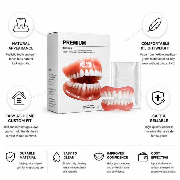 Boil and Bite Dentures Set, Natural Looking Upper & Lower Cosmetic Dentures
