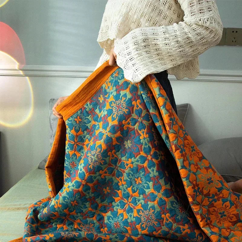 Blue Patterned Six-Layer Cotton Quilt Blanket