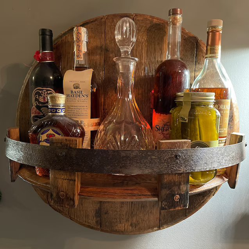 Whiskey Barrel Wall Shelf, Rustic Solid Wood, Round
