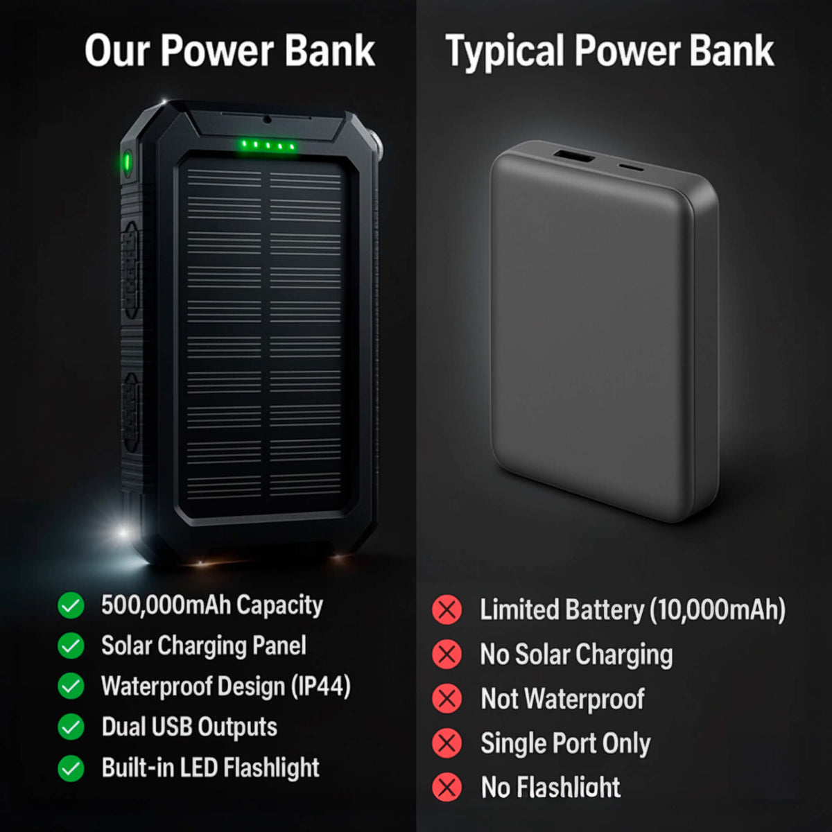Solar Power Bank 500000mAh, Waterproof, Dual USB & LED
