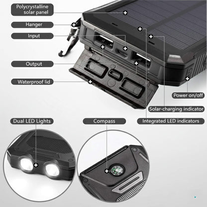 Solar Power Bank 500000mAh, Waterproof, Dual USB & LED