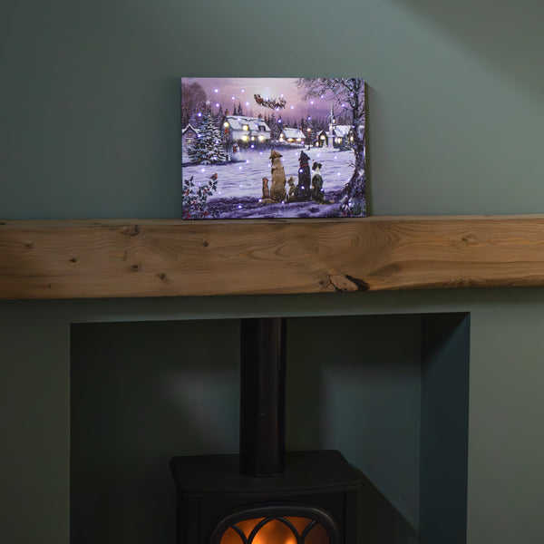 Christmas Canvas Wall Art, Light Up Fiber Optic Dogs Watching Santa Picture