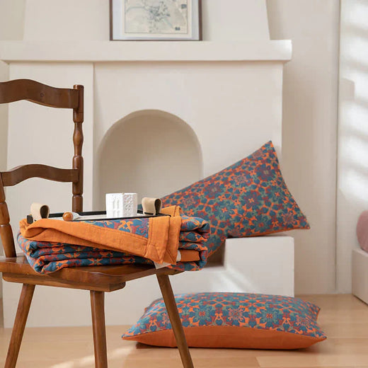 Blue Patterned Cotton Quilt, Soft Six-Layer Breathable Bed Quilt in 4 Sizes for Cool Nights