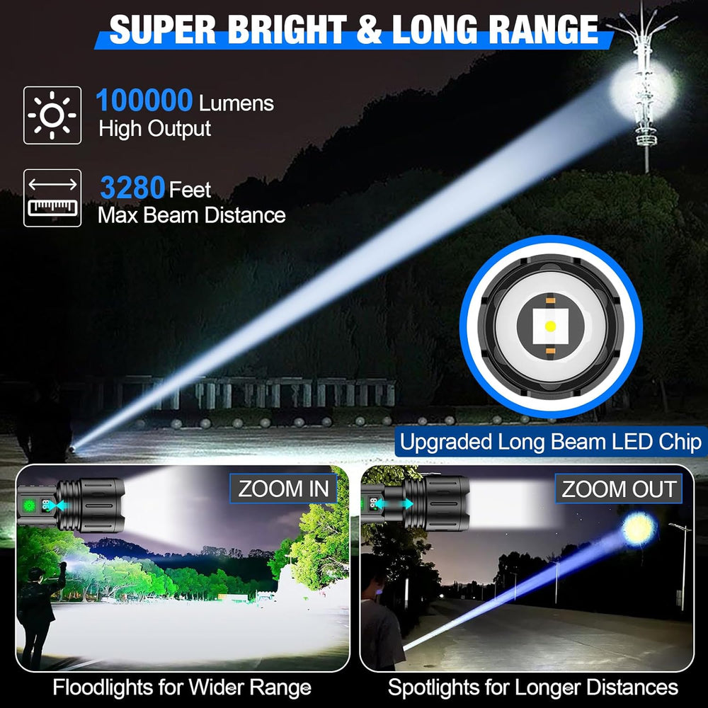 Tactical LED Flashlight, 100,000 Lumens Rechargeable USB-C Flashlight for Camping & Power Outages