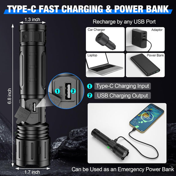 Tactical LED Flashlight, 100,000 Lumens Rechargeable USB-C Flashlight for Camping & Power Outages