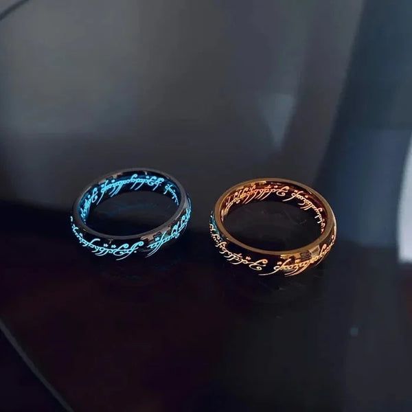 Glow in the Dark Ring, Fantasy Elvish Script Rune Ring in Gold or Silver, Nickel Free