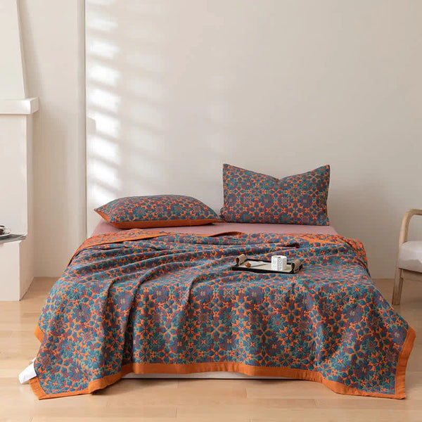 Blue Patterned Cotton Quilt, Soft Six-Layer Breathable Bed Quilt in 4 Sizes for Cool Nights