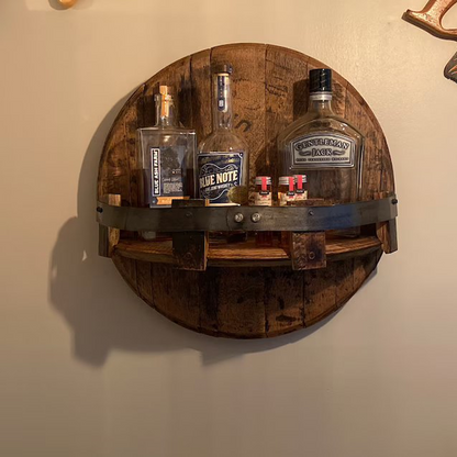 Whiskey Barrel Wall Shelf, Rustic Solid Wood, Round
