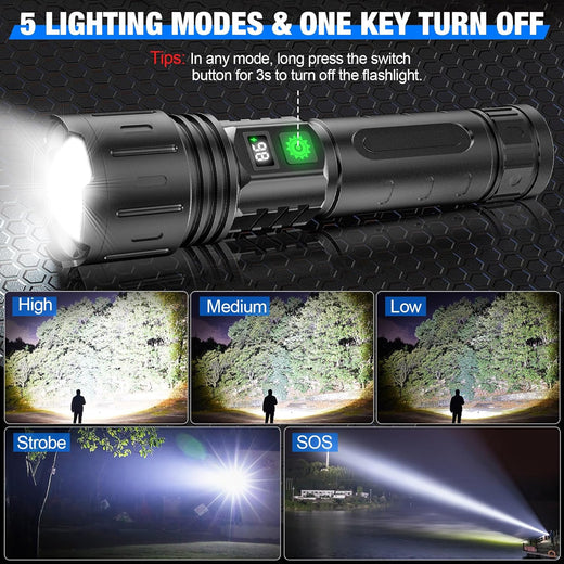 Tactical LED Flashlight, 100,000 Lumens Rechargeable USB-C Flashlight for Camping & Power Outages