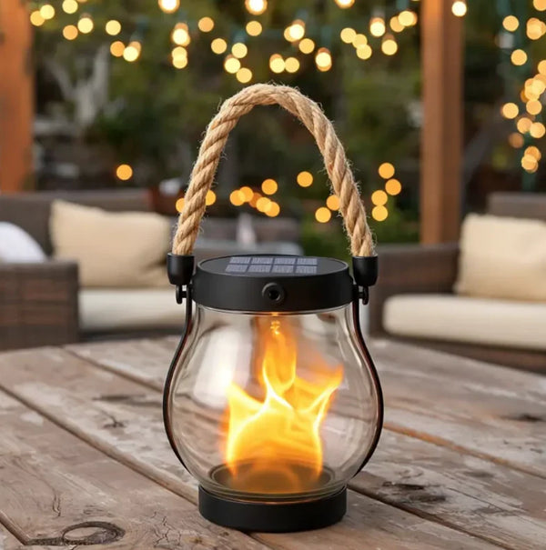 Solar Lantern, Outdoor Flickering Flame Light with Rope Handle for Patio, Garden & Balcony