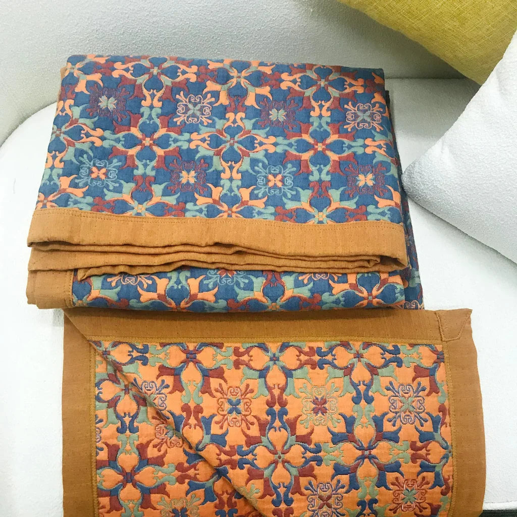 Blue Patterned Six-Layer Cotton Quilt Blanket
