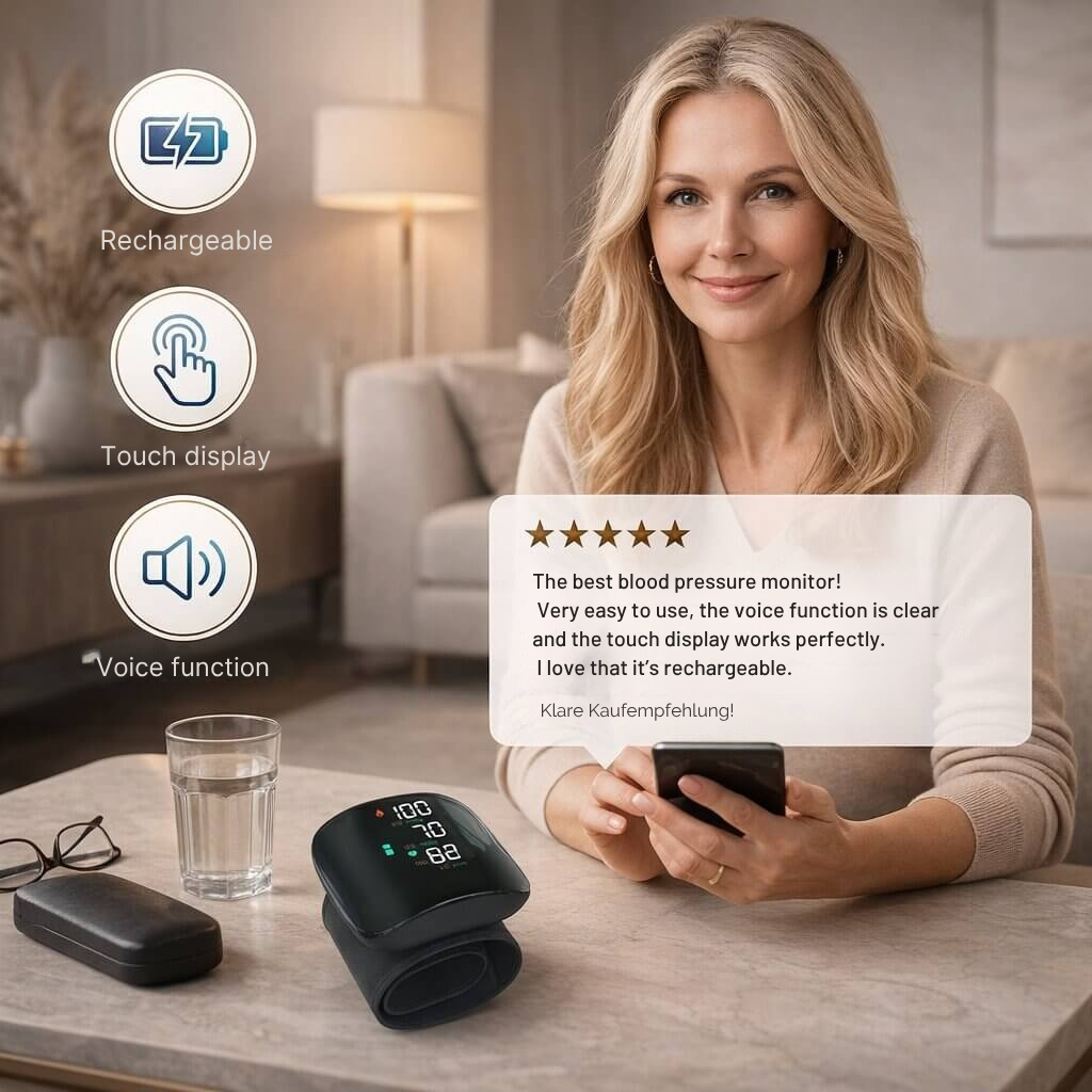 Wrist Blood Pressure Monitor with Touch Display and Voice, Rechargeable