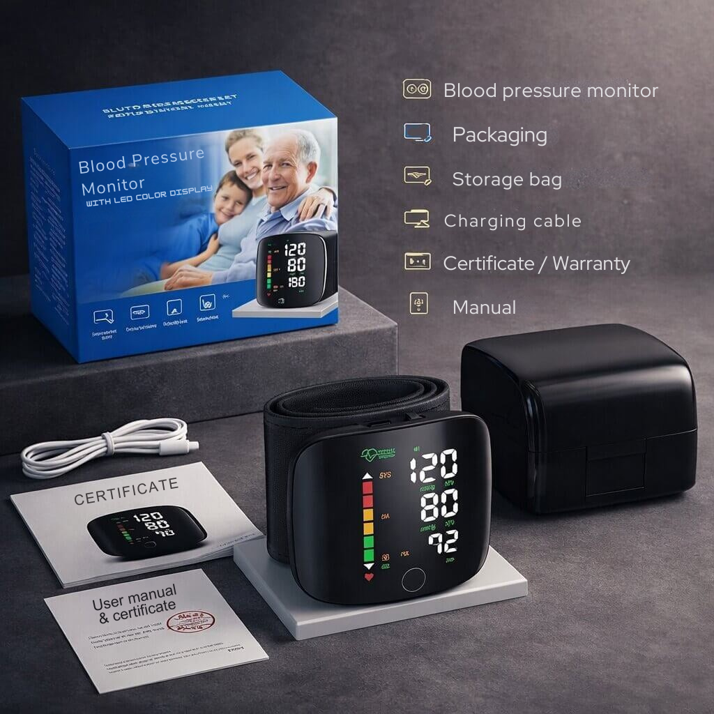 Wrist Blood Pressure Monitor with Touch Display and Voice, Rechargeable