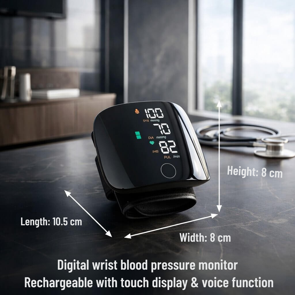 Wrist Blood Pressure Monitor with Touch Display and Voice, Rechargeable