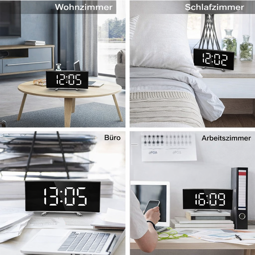 Digital Alarm Clock, Curved LED Mirror Clock with Auto Dimming, Temperature Display & Snooze