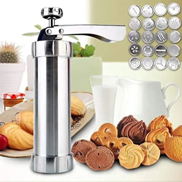 Cookie Press, Stainless Steel Cookie Maker with 20 Shapes & 4 Nozzles for Baking