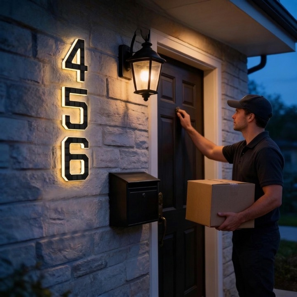Solar House Number Sign, Weatherproof LED Illuminated Address Plaque with Automatic Light