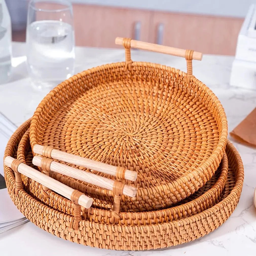 LANDKORB Handwoven Rattan Tray & Storage Basket