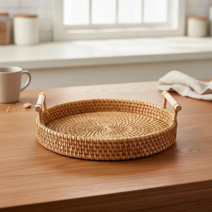 LANDKORB Handwoven Rattan Tray & Storage Basket