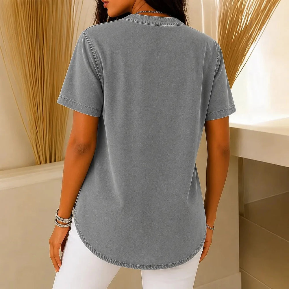 Henley Tunic Top for Women, Casual Side Button Tunic with Curved Hem for Jeans & Leggings