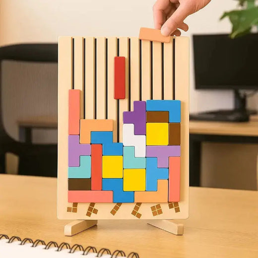 Wooden Block Puzzle, Upright Desk Brain Teaser Board with 40+ Colorful Pieces & 10 Pattern Cards