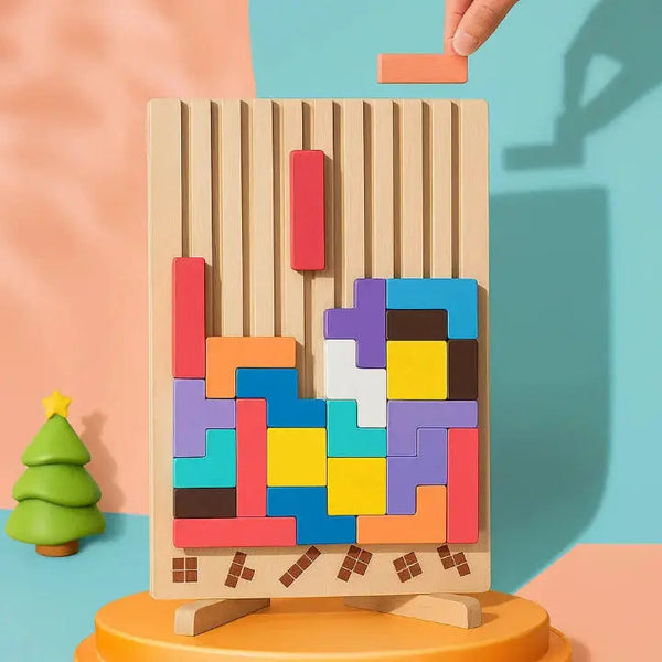 Wooden Block Puzzle, Upright Desk Brain Teaser Board with 40+ Colorful Pieces & 10 Pattern Cards