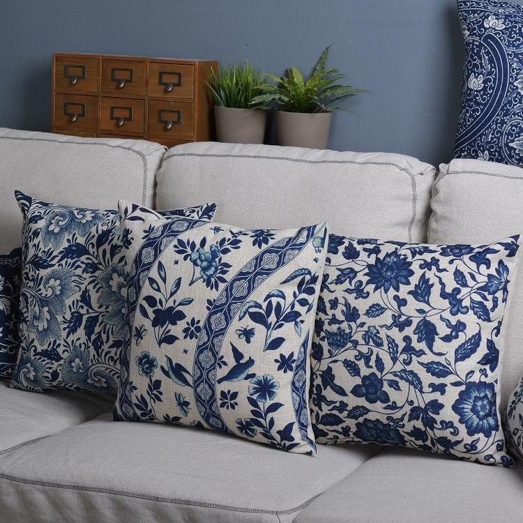 COBALTSCROLL Linen-cotton Blend Fabric Pillowcase