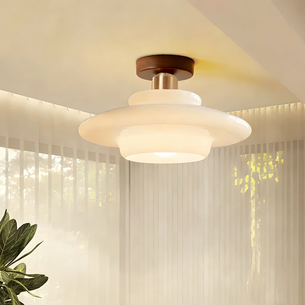 Scandinavian Walnut Wood & Glass Ceiling Lamp, E27