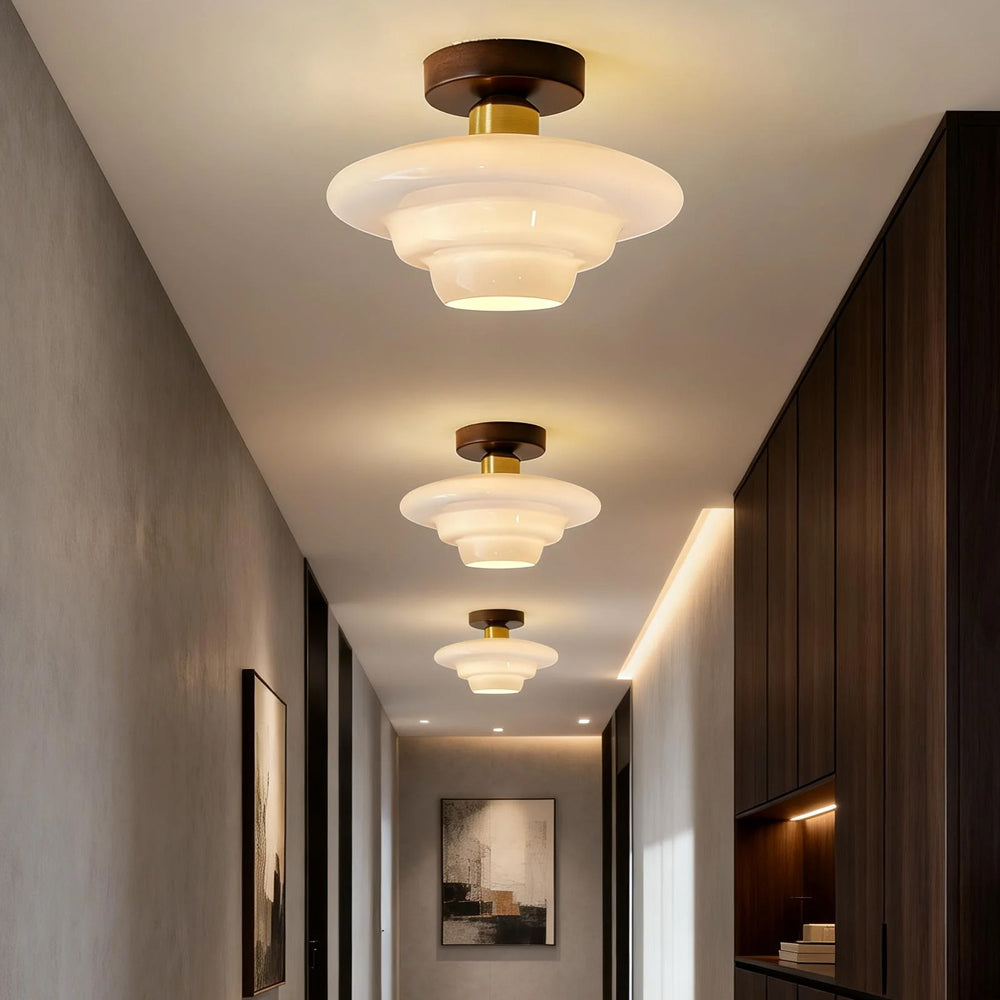Scandinavian Walnut Wood & Glass Ceiling Lamp, E27