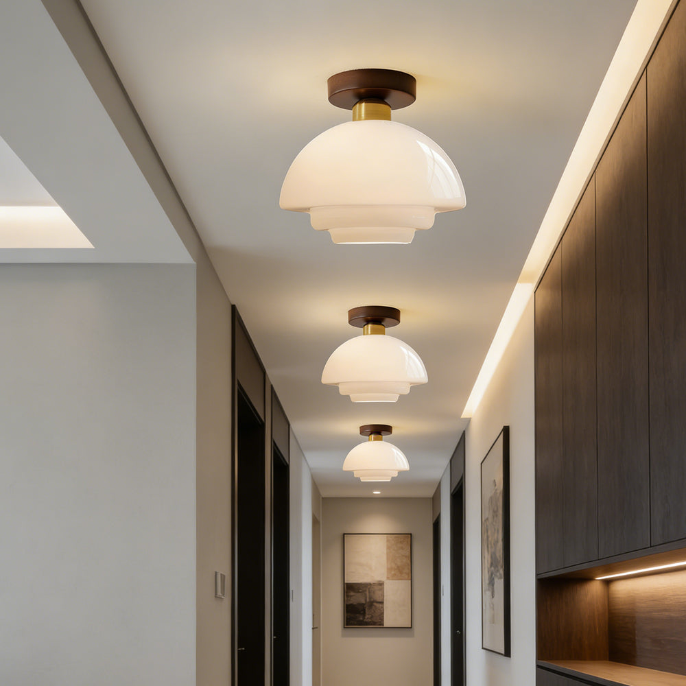 Scandinavian Walnut Wood & Glass Ceiling Lamp, E27