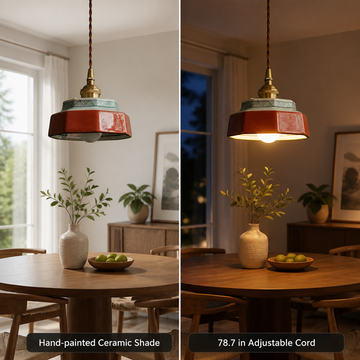 Ceramic Pendant Light, Vintage Hand Painted LED Hanging Lamp for Living & Dining Room