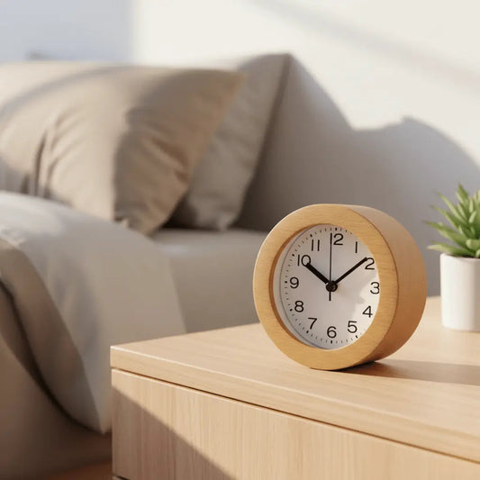 Silent Wooden Alarm Clock with LED Night Light, Beechwood